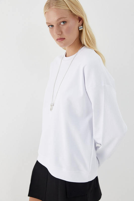 Düz Basic Bisiklet Yaka Sweatshirt Beyaz