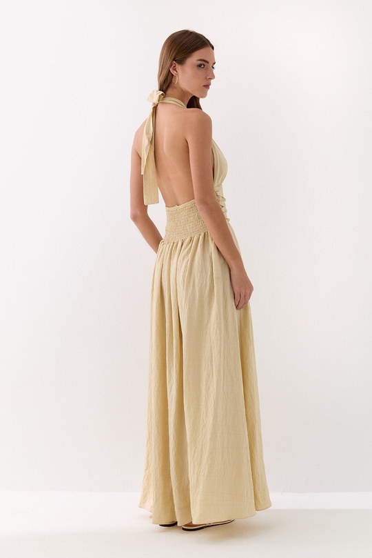Halter Yaka Drapeli Elbise Bej