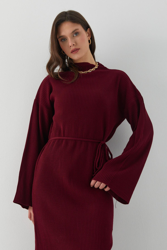 İp Kemerli Triko Elbise Bordo