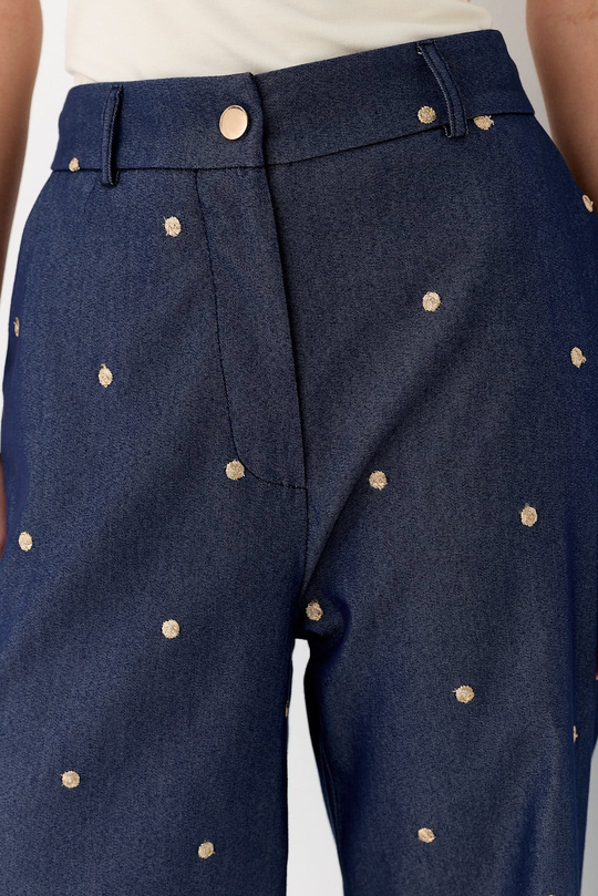 İşlemeli Denim Görünümlü Pantolon Lacivert