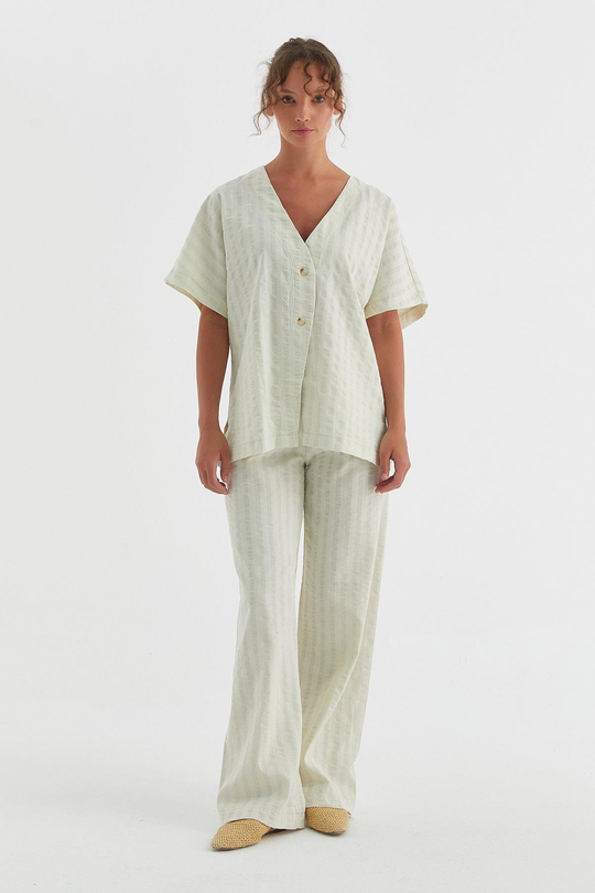 Kalın Çizgi Detaylı Gömlek Pantolon Takım Ekru