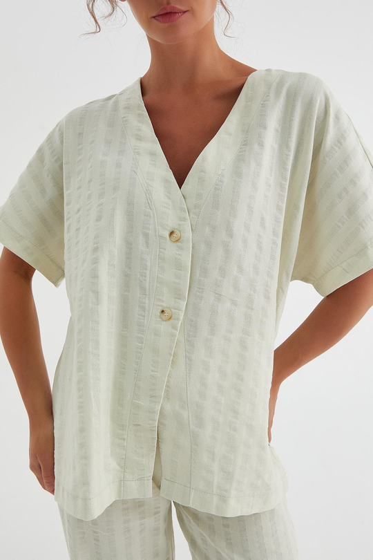 Kalın Çizgi Detaylı Gömlek Pantolon Takım Ekru