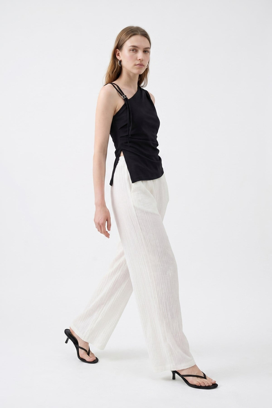 Keten Görünümlü Yüksek Bel Pantolon Ekru