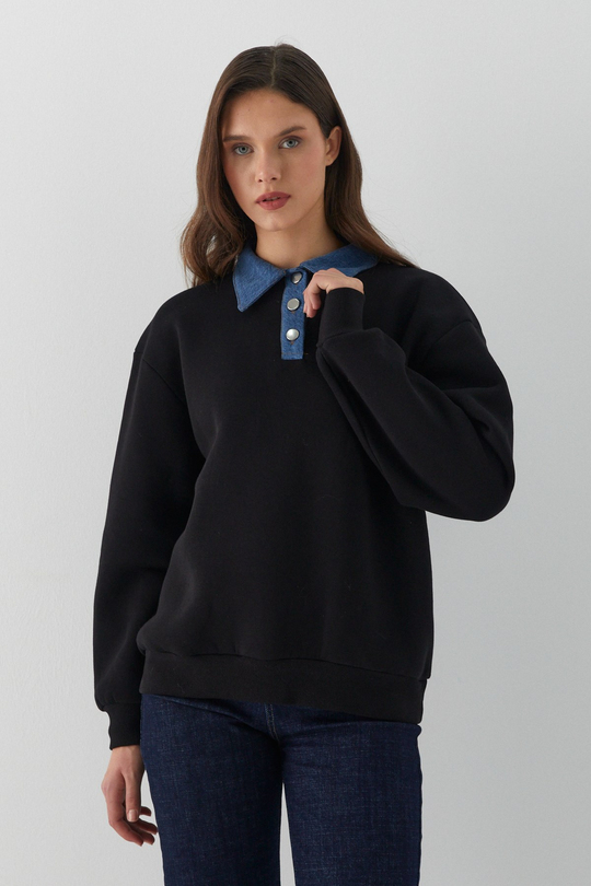 Kot Yakalı Sweat Siyah