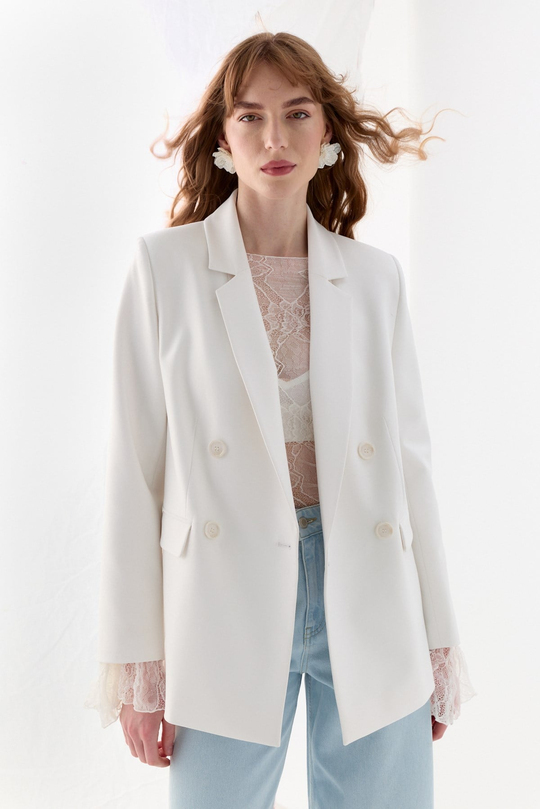Kuşak Detaylı Blazer Ceket Ekru