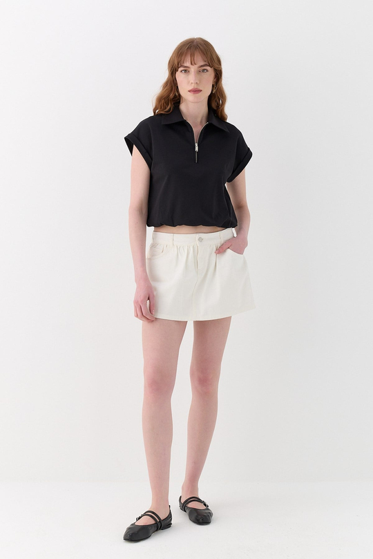 Polo Yaka İnterlok Bluz Siyah
