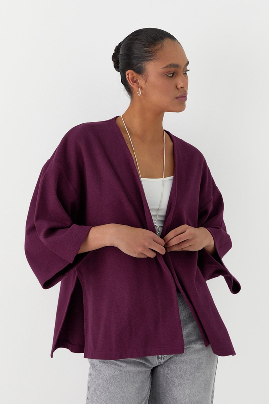 Triko Görünümlü Örme Kimono Bordo