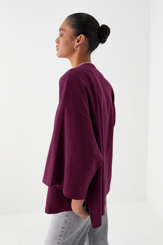 Triko Görünümlü Örme Kimono Bordo