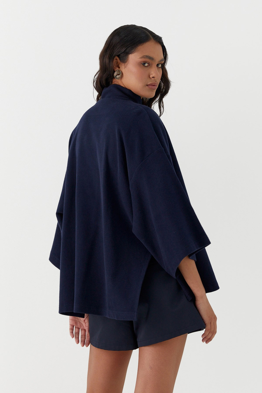 Triko Görünümlü Örme Kimono Lacivert