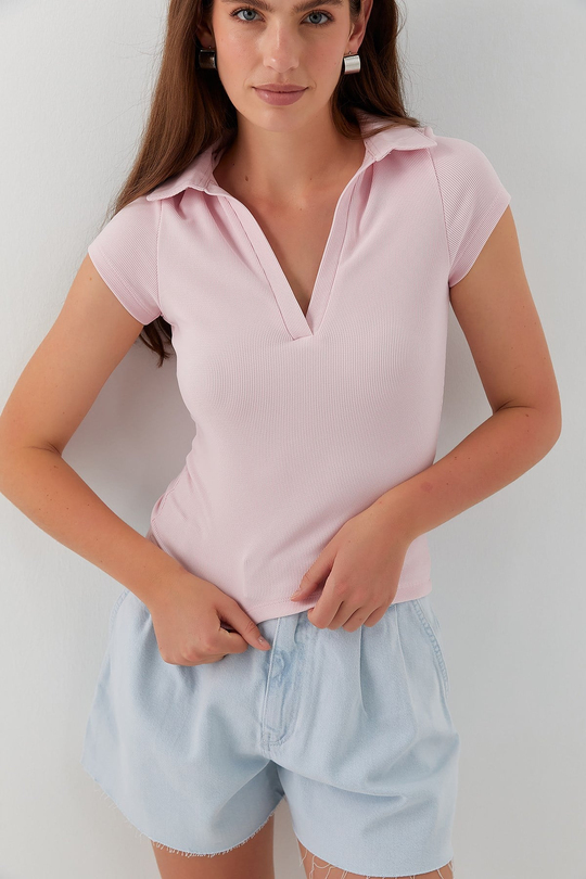 V Yaka Polo Form Basic Bluz Pembe