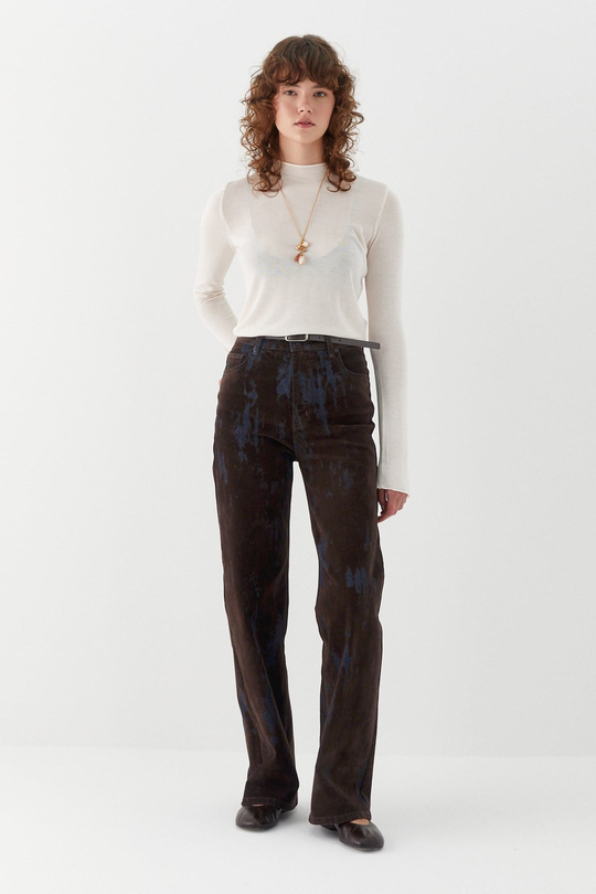 Wide Leg Baskılı Denim Pantolon Kahverengi