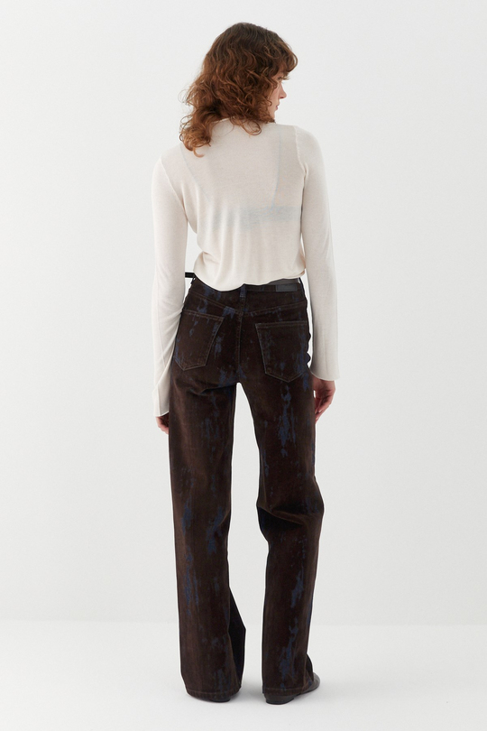 Wide Leg Baskılı Denim Pantolon Kahverengi