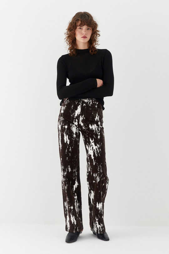 Wide Leg Desenli Denim Pantolon Kahverengi