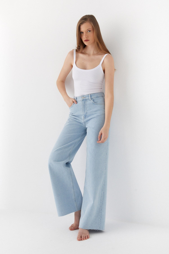 Yüksek Bel Geniş Paça Jean Pantalon Açık Mavi