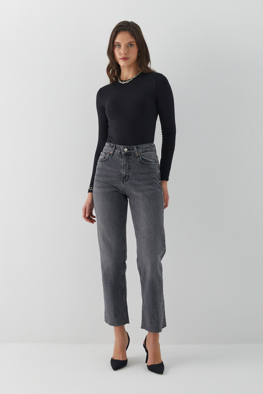 Yüksek Bel Slim Fit Jean Pantolon Gri