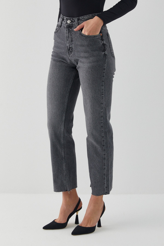 Yüksek Bel Slim Fit Jean Pantolon Gri