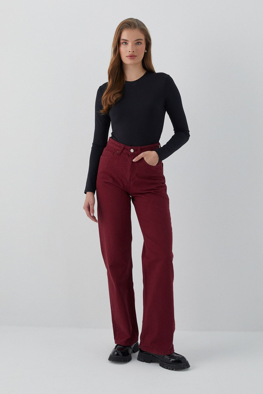 Yüksek Bel Straight Jean Bordo