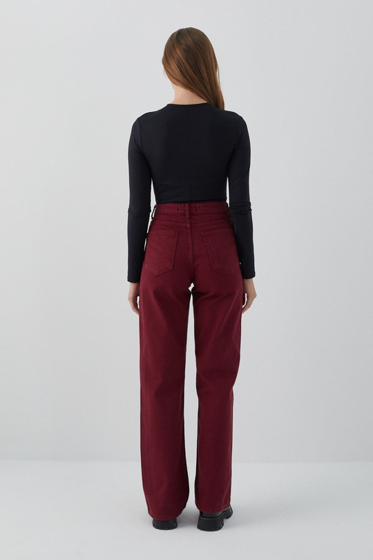 Yüksek Bel Straight Jean Bordo