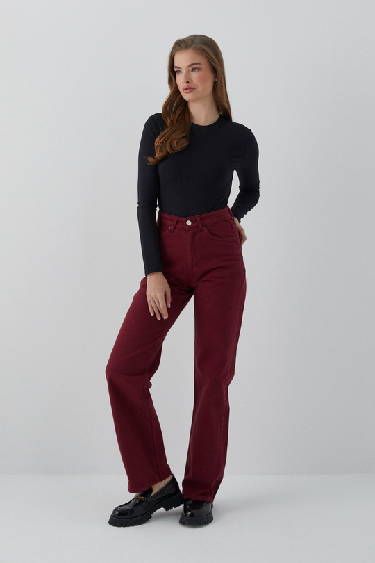 Yüksek Bel Straight Jean Bordo