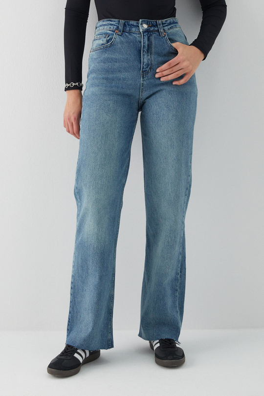 Yüksek Bel Straight Leg Jean Pantolon Mavi