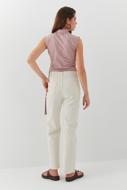 Yüksek Bel Straight Leg Jean Pantolon Ekru