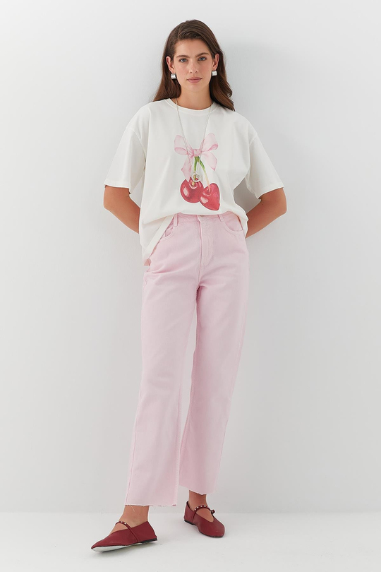 Yüksel Bel Straight Leg Jean Pantolon Pembe