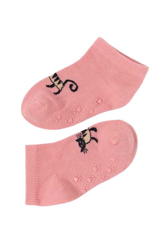 Bebek Kedi Desenli 2li Step Çorap Pembe-Kahverengi