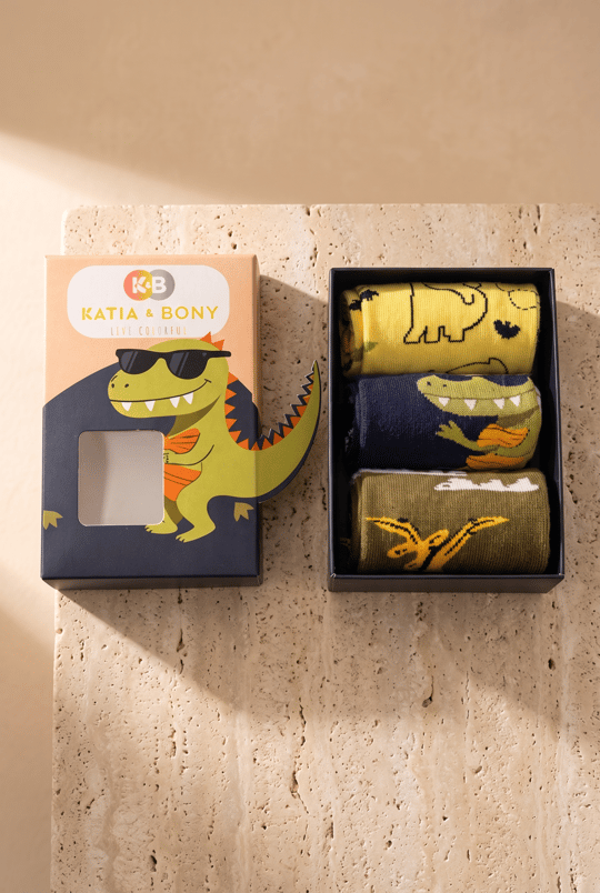 Çocuk 3D Dinozor Desenli Kutulu 3lü Soket Çorap 
