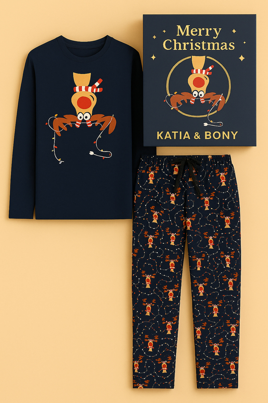Çocuk Geyik Desenli Kutulu Yılbaşı  Pijama Takımı Lacivert