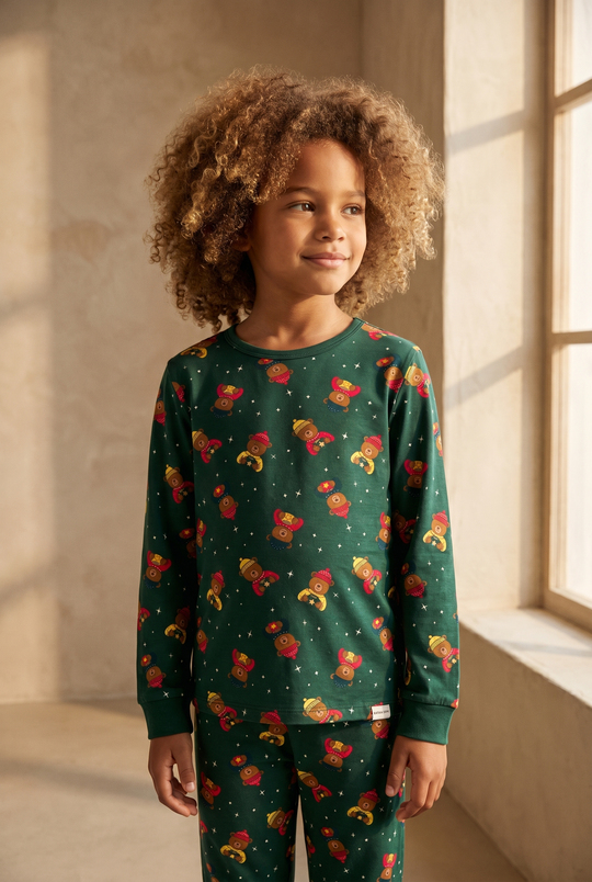 Çocuk Teddy Desenli Kutulu Yılbaşı Pijama Takımı Yeşil