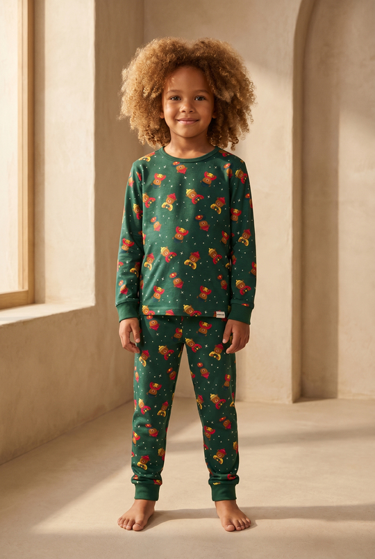 Çocuk Teddy Desenli Kutulu Yılbaşı Pijama Takımı Yeşil