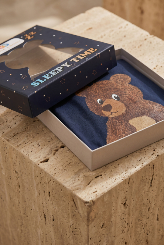 Çocuk Uykucu Teddy Desenli Kutulu Pijama Takımı Lacivert
