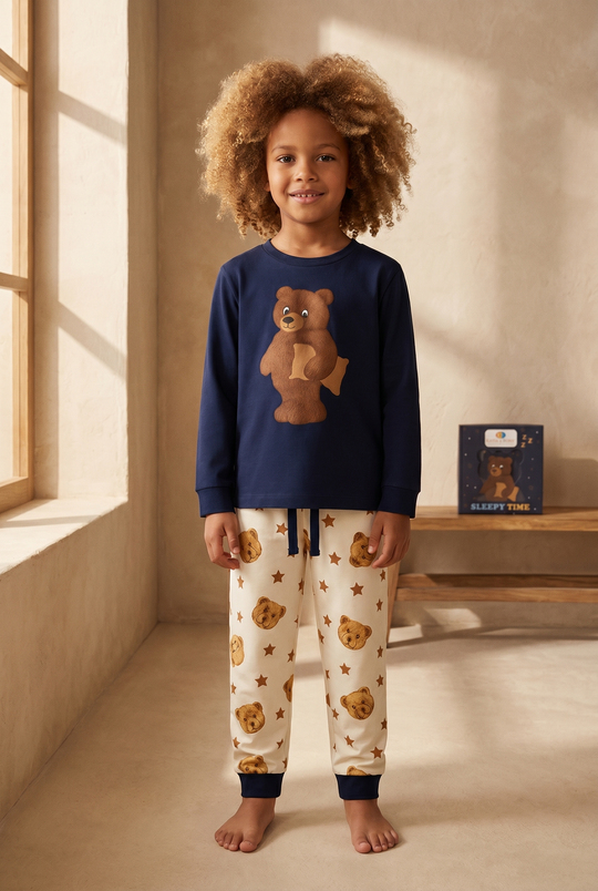 Çocuk Uykucu Teddy Desenli Kutulu Pijama Takımı Lacivert
