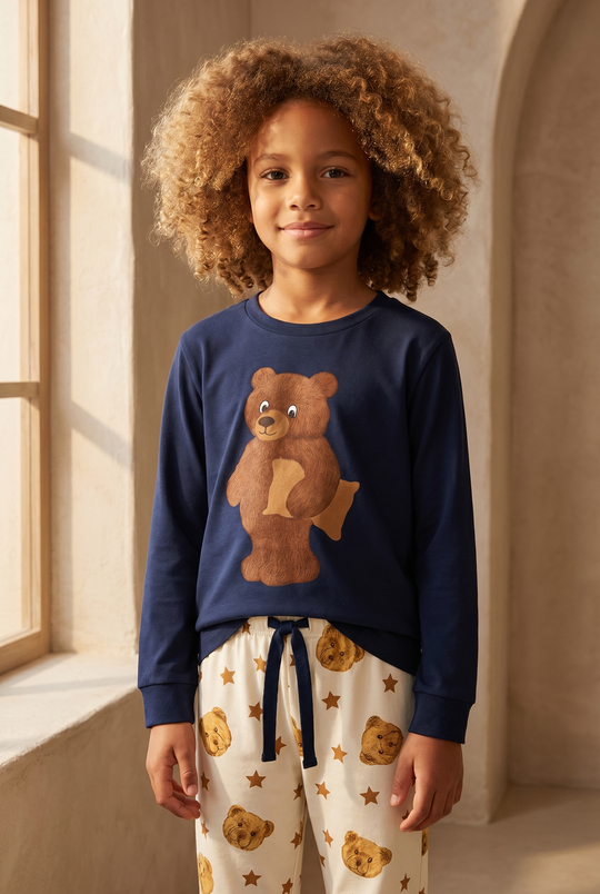 Çocuk Uykucu Teddy Desenli Kutulu Pijama Takımı Lacivert