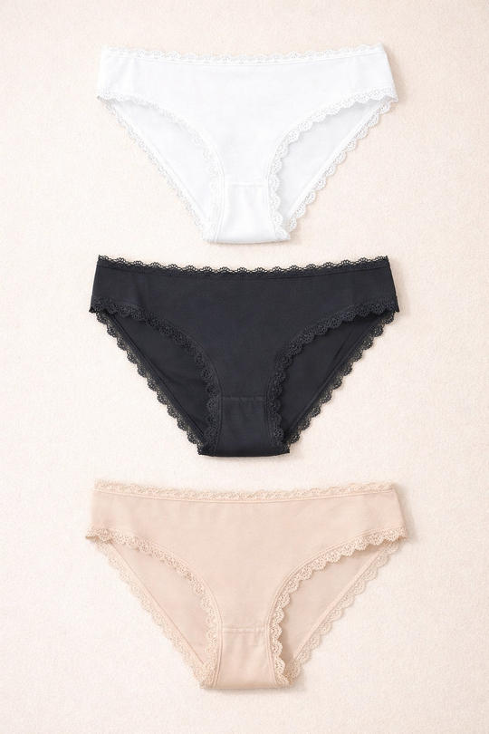 Kadın 3lü Dantelli Basic Slip Külot Siyah/Beyaz/Nude