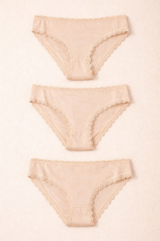 Kadın 3lü Dantelli Basic Slip Külot Ten