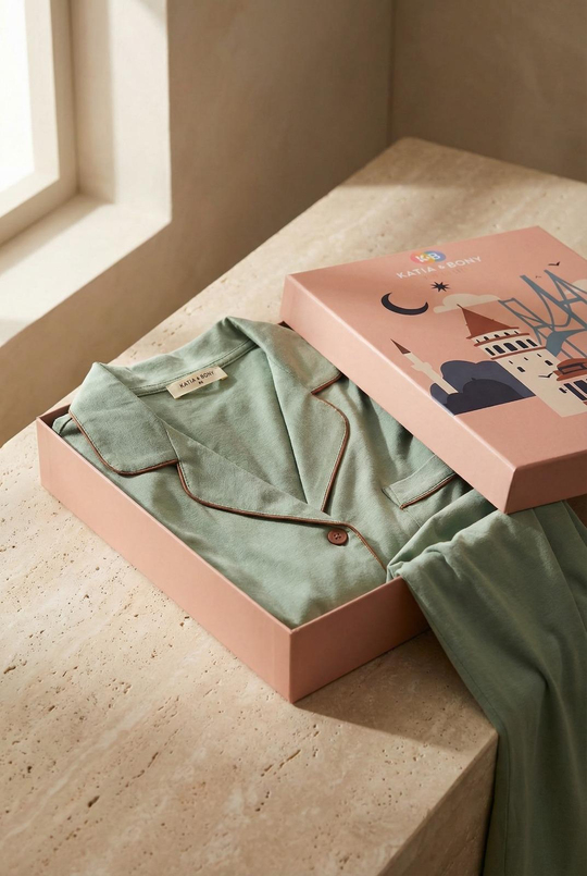 Kadın İstanbul Serisi Tren Desenli Premium Kutulu Pijama Takımı Yeşil