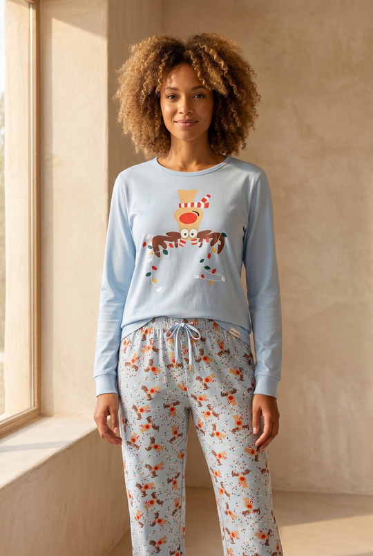Kadın Sweet Dreams Kutulu Geyik Desenli Mavi  Pijama Takımı