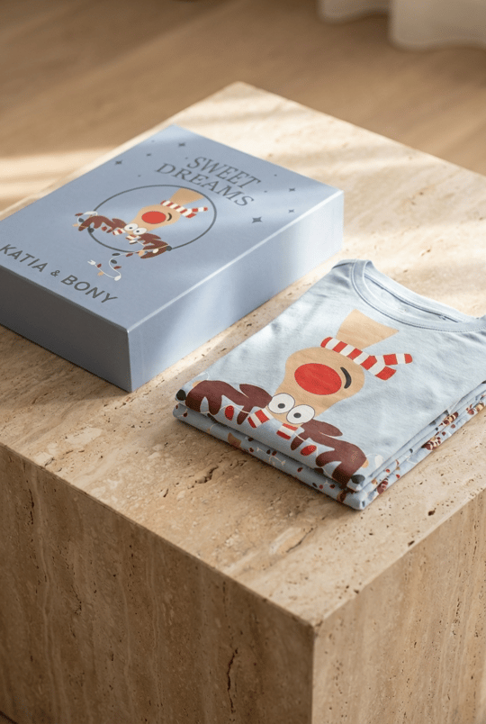 Kadın Sweet Dreams Kutulu Geyik Desenli Mavi  Pijama Takımı