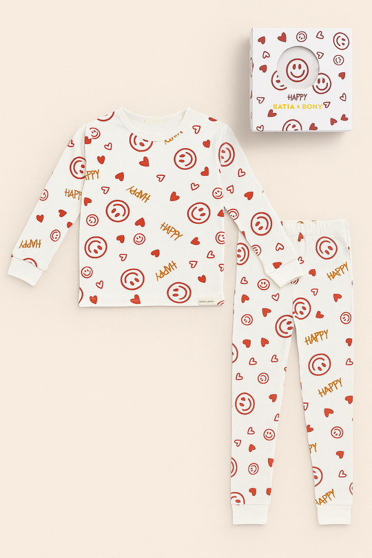 Kız Çocuk Gülen Yüz Desenli Kutulu Pijama Takımı Ekru