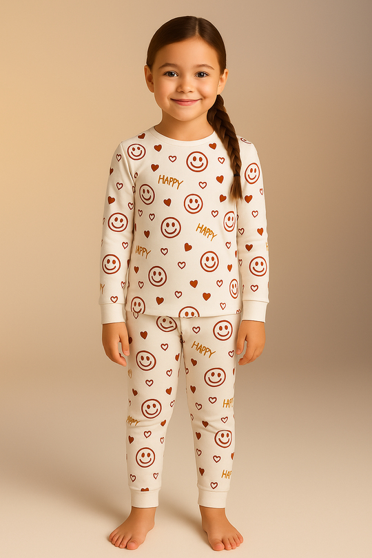 Kız Çocuk Gülen Yüz Desenli Kutulu Pijama Takımı Ekru
