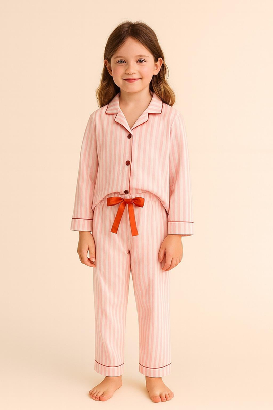Kız Çocuk Kalpli Kutulu Çizgili Pijama Takımı Pembe