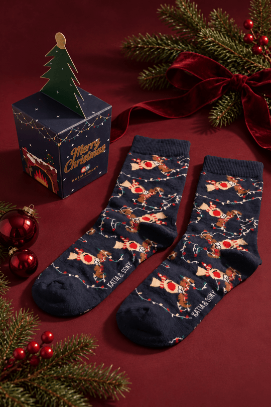 Unisex Marry Christmas Kutulu Geyik Desenli Soket Yılbaşı Çorabı