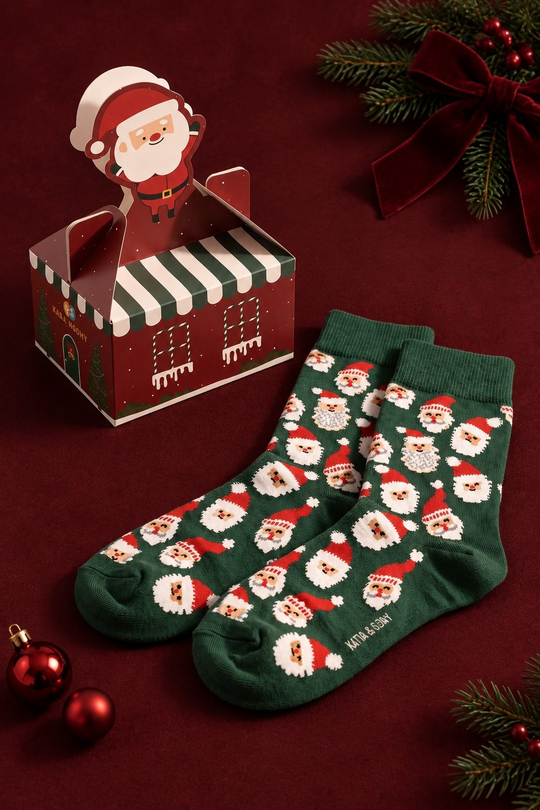 Unisex Noel Baba Kutulu Pamuklu Soket Yılbaşı Çorabı Yeşil