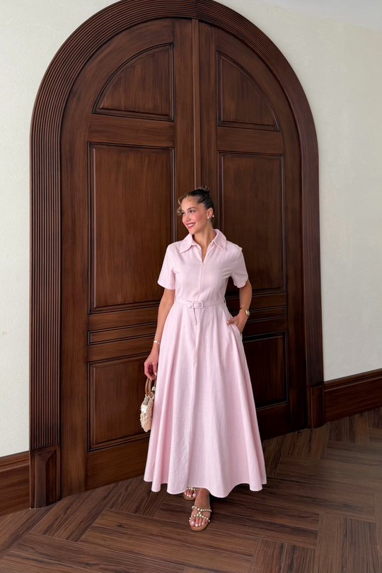 Kısa Kol Kemerli Elbise - PEMBE
