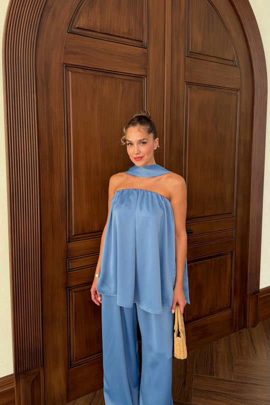 Straplez Saten Bluz Pantolon Takım - MAVİ