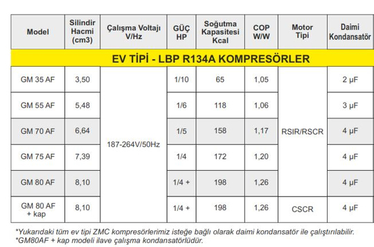 ZMC EV Tip Kompresör GM55AF 1/6HP R134A