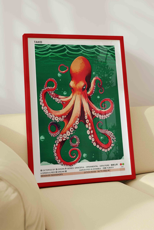 Ahtapot Tablosu Kırmızı Yeşil Okyanus – Modern İllüstrasyon Sanat Posteri – Kırmızı Çerçeveli