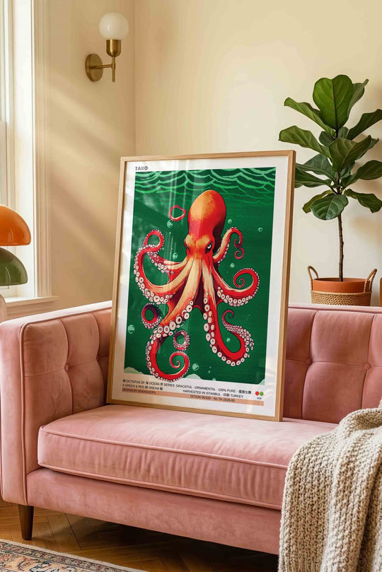 Ahtapot Tablosu Kırmızı Yeşil Okyanus – Modern İllüstrasyon Sanat Posteri – Ahşap Çerçeveli