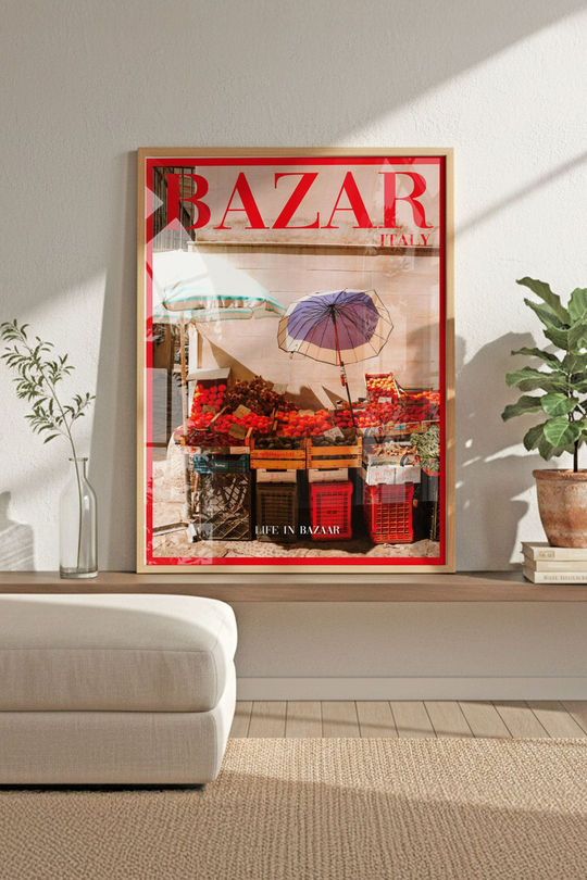 Bazar Italy Dergi Kapağı - Ahşap Çerçeveli Vintage İtalya Posteri